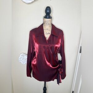 NTM: Lane Bryant Satin Wrap Blouse 22/24 Burgundy Surplice Tie Front Top